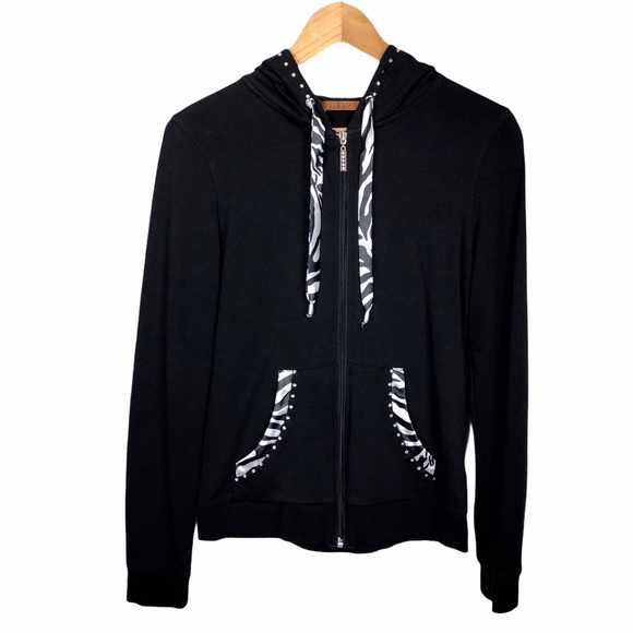 Belldini Rhinestone Zebra Print Zip UP Stretchy Hooded Jacket Black - Picture 9 of 9